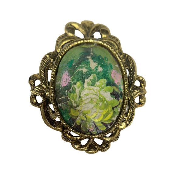 Vintage Goldtone Eggshell Brooch Pendant Rose Overaly 2.5" - Picture 6 of 8